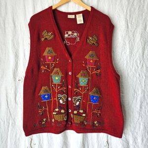 Bobbie Brooks Womens 22W/24W Embroidered Beaded Sweater Vest Birdhouse Bird Red